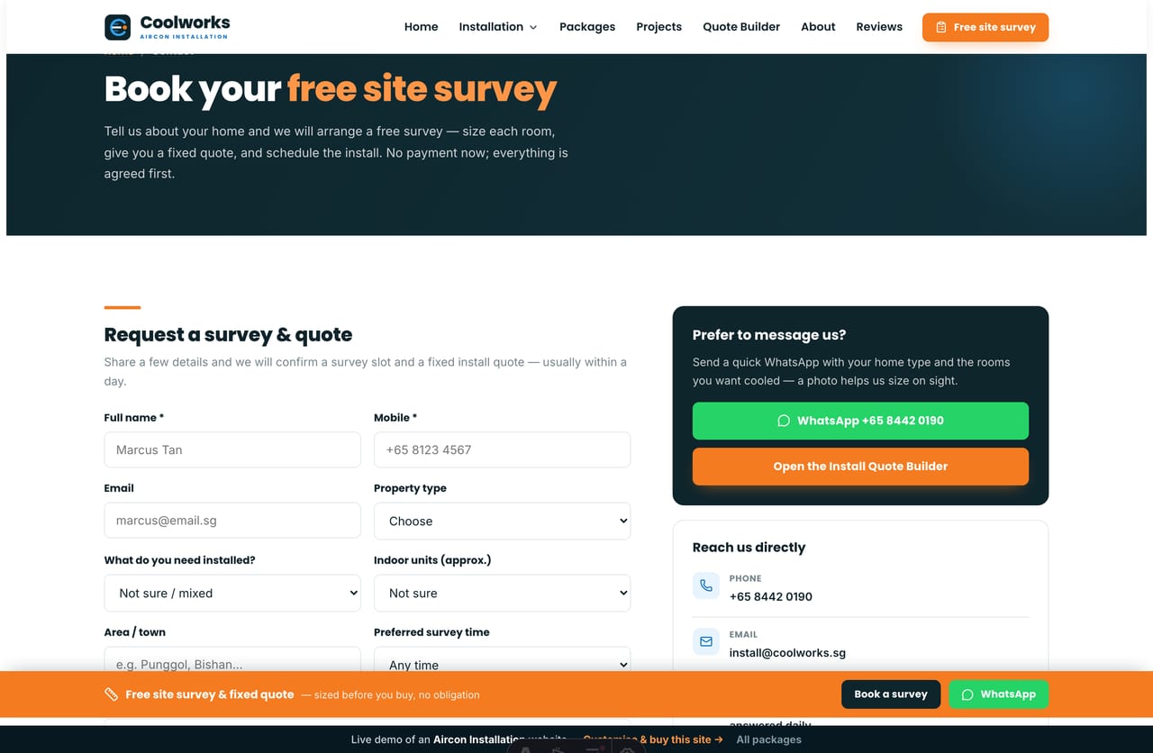 Free-site-survey booking page on the Coolworks demo — a PDPA-aware survey-request form with property, units and area selection, no cart