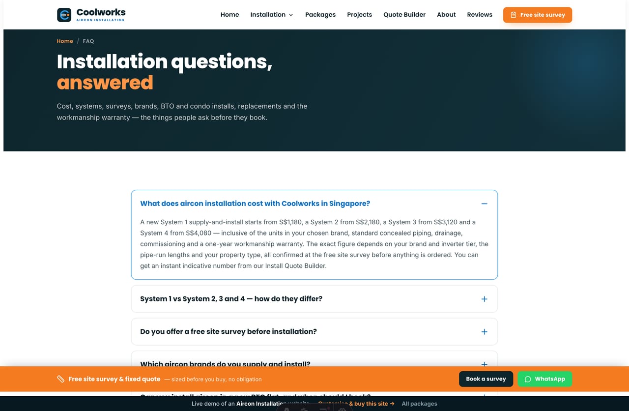 FAQ page on the Coolworks demo — an accordion of common questions about install cost, System 1–4, surveys, brands, BTO/condo installs and the warranty