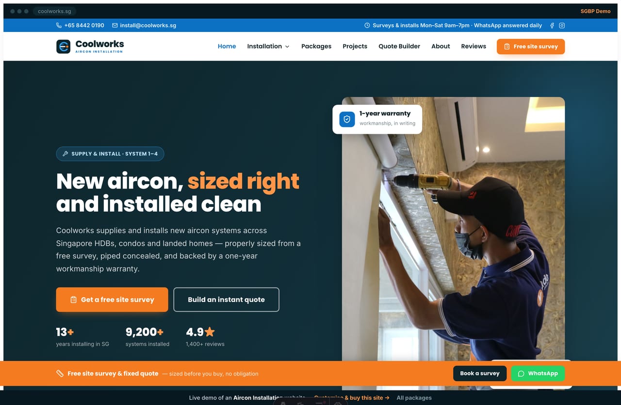 Coolworks aircon installation Singapore website homepage demo — a navy split install hero, electric-blue and orange engineering layout with System 1–4 packages and a quote builder