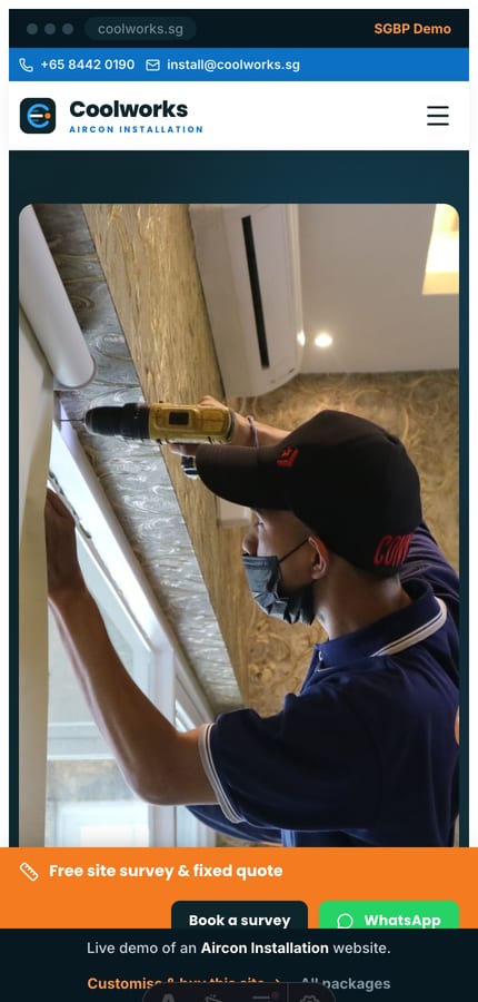 The Coolworks aircon-installation website on mobile — split install hero and a sticky free-site-survey bar at 430px