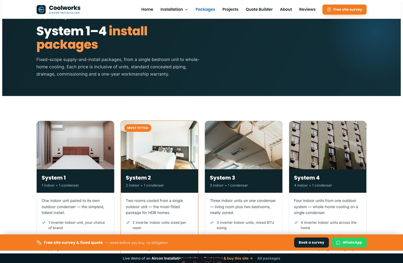 Aircon install packages page on the Coolworks demo — System 1, 2, 3 and 4 supply-and-install price cards with what is included and from-prices