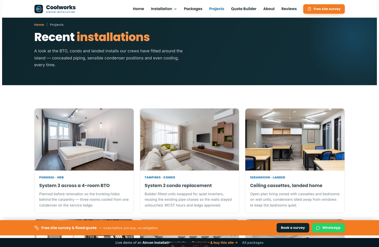 Recent installations gallery on the Coolworks demo — BTO, condo and landed aircon installs with an island-wide coverage directory