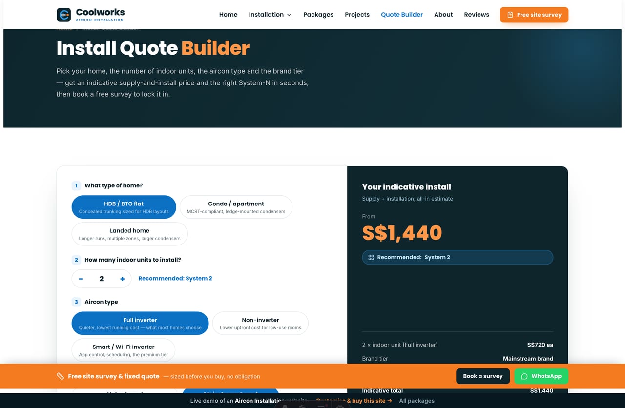 The interactive Install Quote Builder on the Coolworks demo — pick property type, units, aircon type and brand tier for a live supply-and-install price