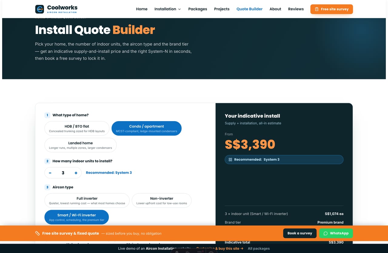 Install Quote Builder result on a Singapore aircon site — a live supply-and-install price, the recommended System-N and a free-site-survey WhatsApp CTA