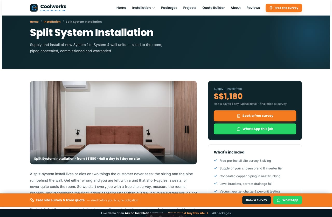 An installation service detail page on the Coolworks demo — a captioned image, sticky quote aside, what is included, add-ons and a free-survey CTA