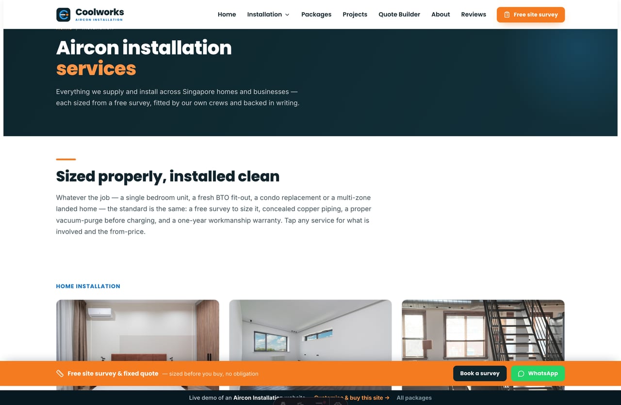 Aircon installation services page on the Coolworks demo — split-system installs, BTO packages, condo, landed, replacements, piping and commercial grouped by category