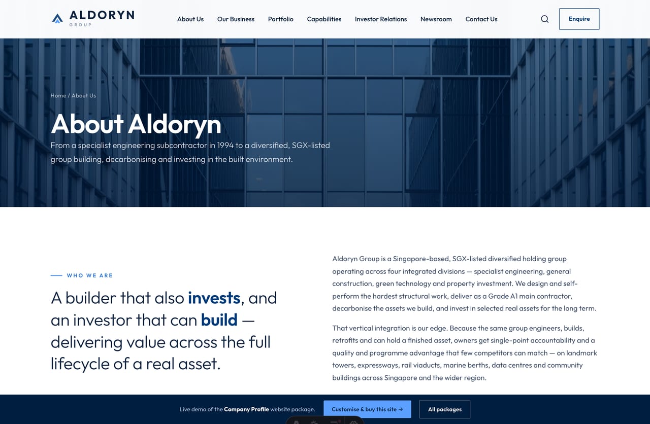About page with company story, values, timeline and leadership on a Singapore corporate website