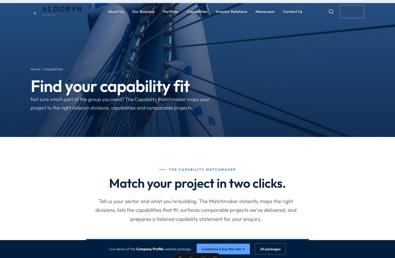 Capability Matchmaker page on a Singapore company-profile website, matching divisions to projects
