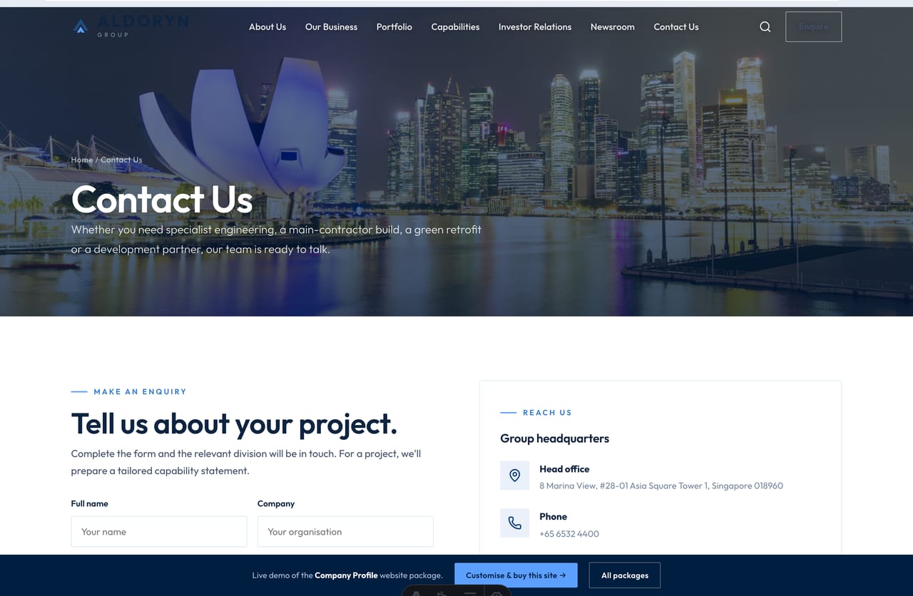Contact and enquiry page with topic-routed form and group HQ details on a corporate website
