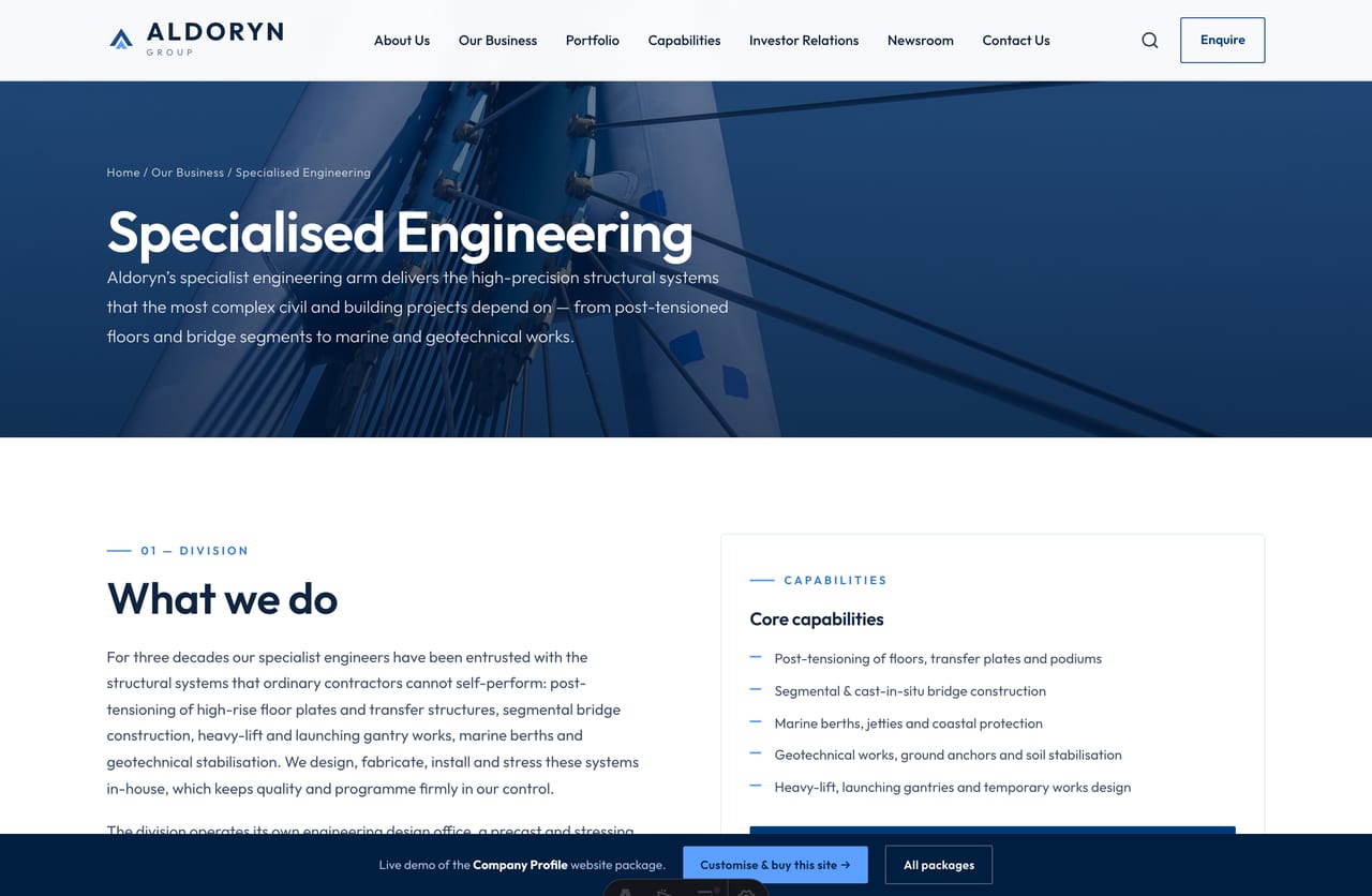 Division detail page with capabilities and related projects on a corporate group website