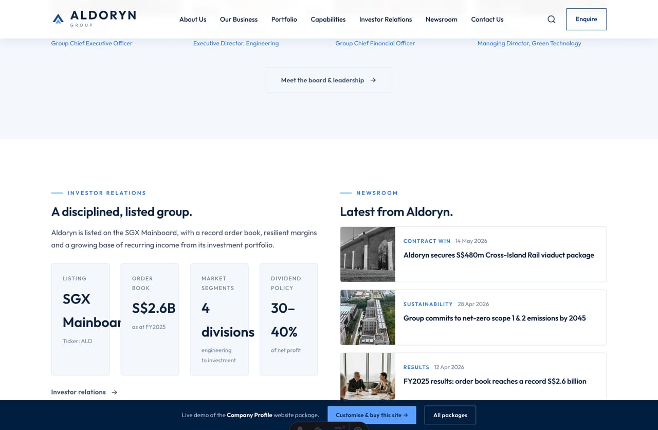 Sustainability and ESG band on a Singapore corporate holding-group website