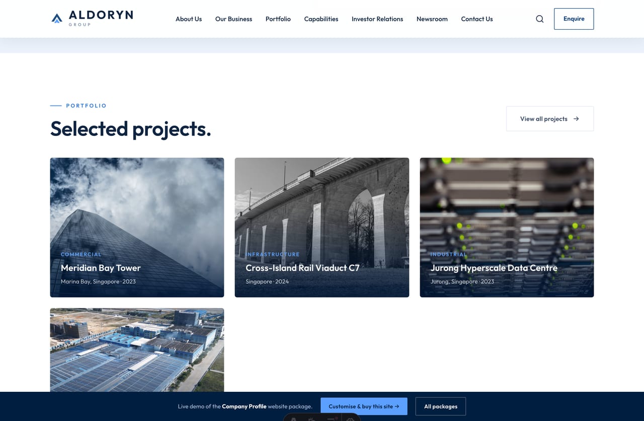 Featured projects portfolio grid on the Aldoryn corporate group website demo