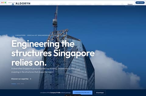 Aldoryn Group corporate company-profile website homepage demo — cinematic hero, at-a-glance stats and four divisions (Singapore)