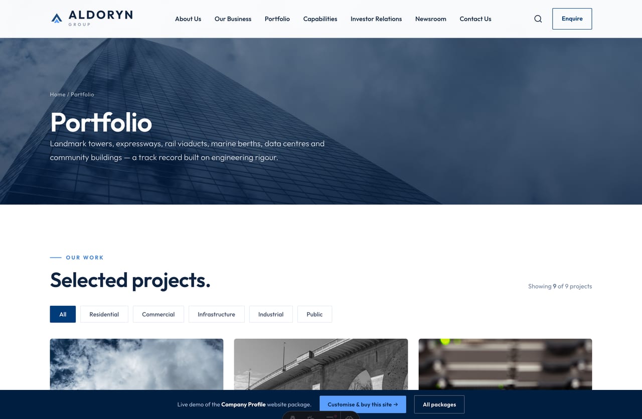 Filterable projects portfolio page on the Aldoryn Singapore corporate website demo
