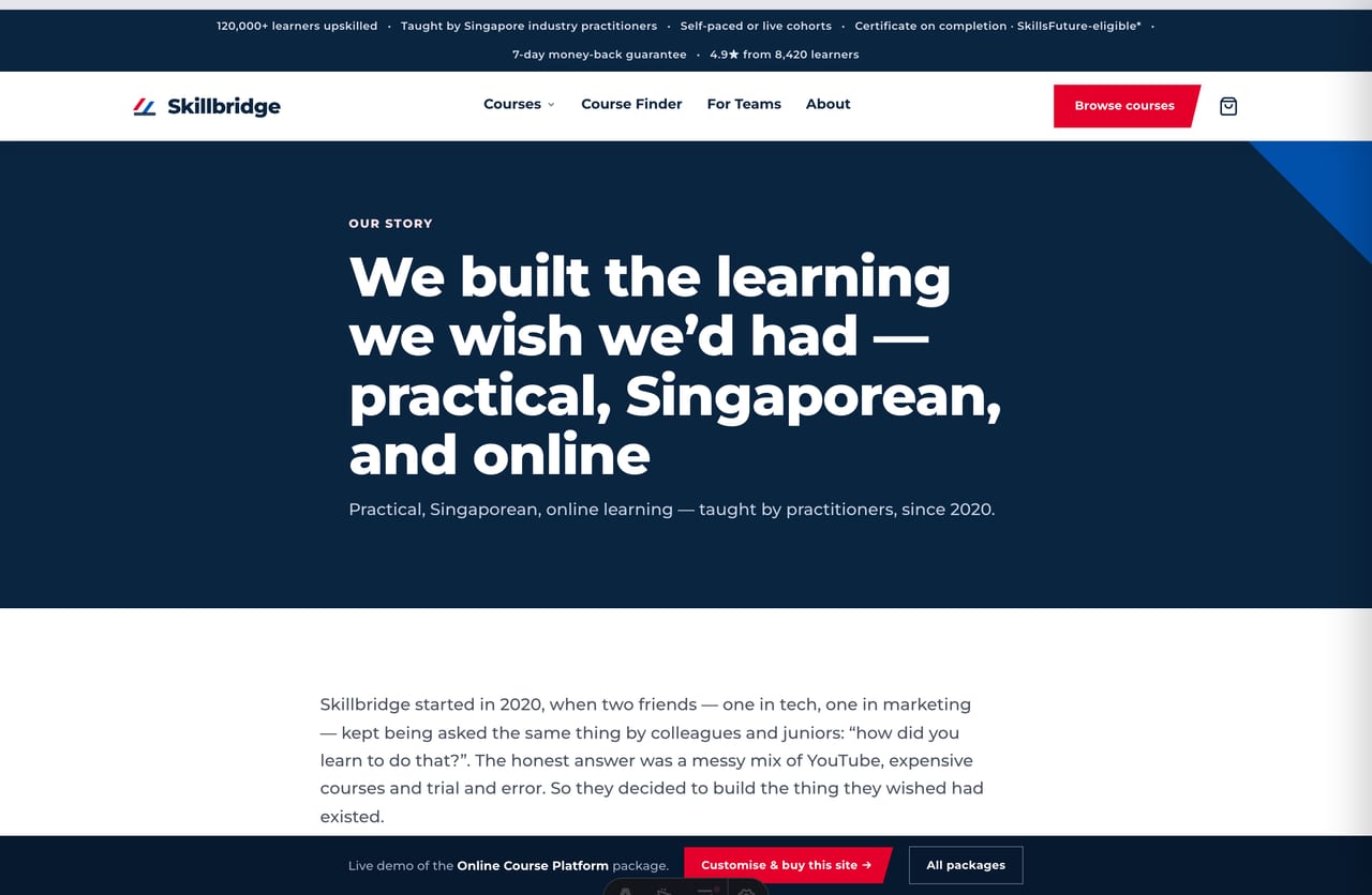 About and brand-story page for a Singapore online learning platform built in 2020