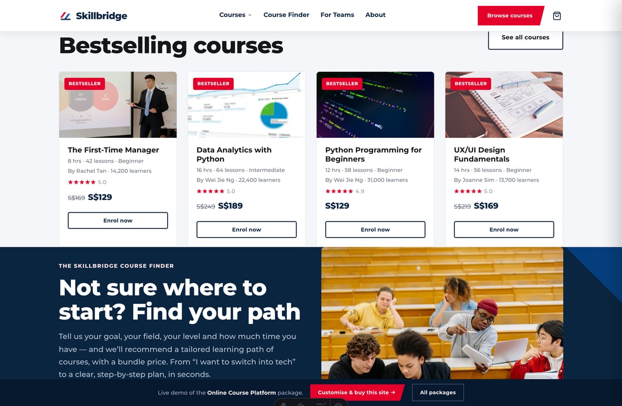 Bestselling courses grid on the Skillbridge online learning platform
