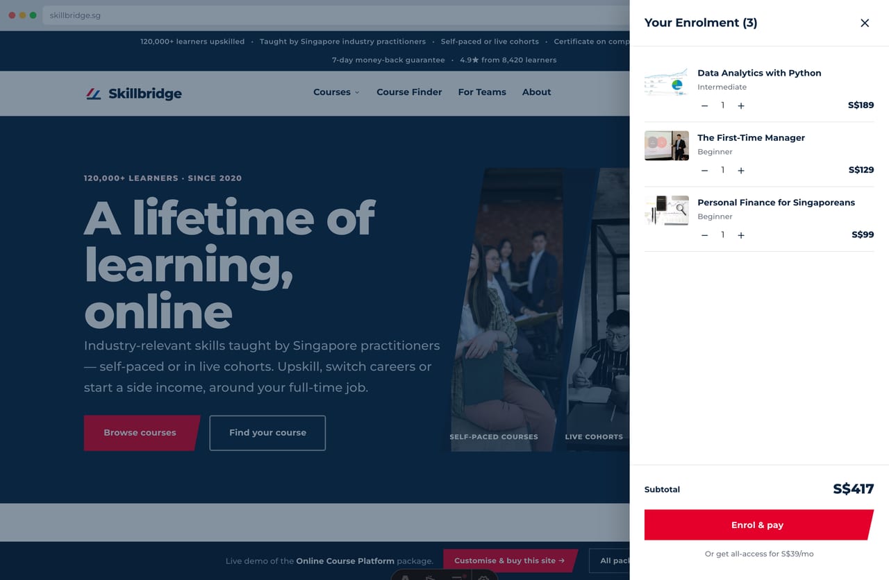 Slide-out enrolment drawer with a membership upsell on the Singapore course platform site