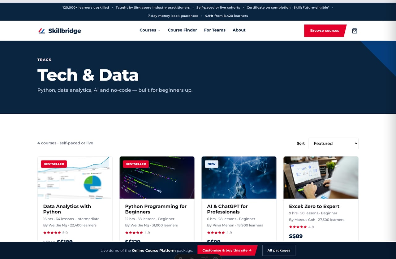 Tech & Data track page with sorting on the Singapore course platform demo
