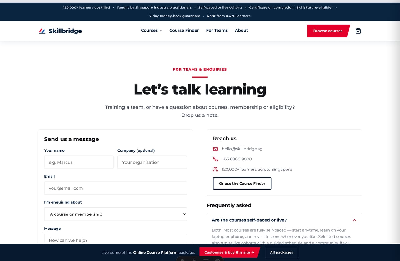 For-teams and enquiry page with company and topic fields on the course platform demo