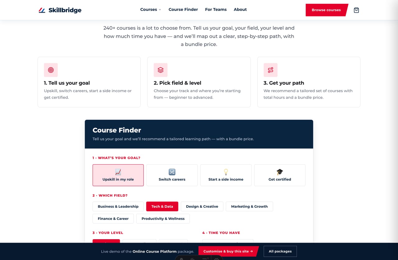Interactive Course Finder learning-path tool on the Skillbridge Singapore course platform