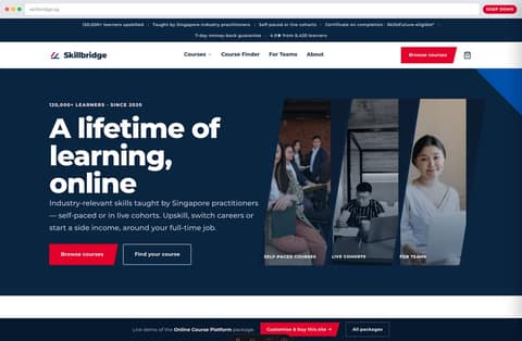 Skillbridge online course platform website homepage demo — navy hero, diagonal image collage and red enrol CTA (Singapore)