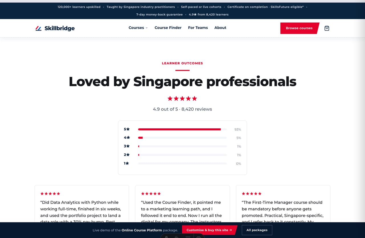 Singapore learner reviews and star ratings on the Skillbridge course platform website