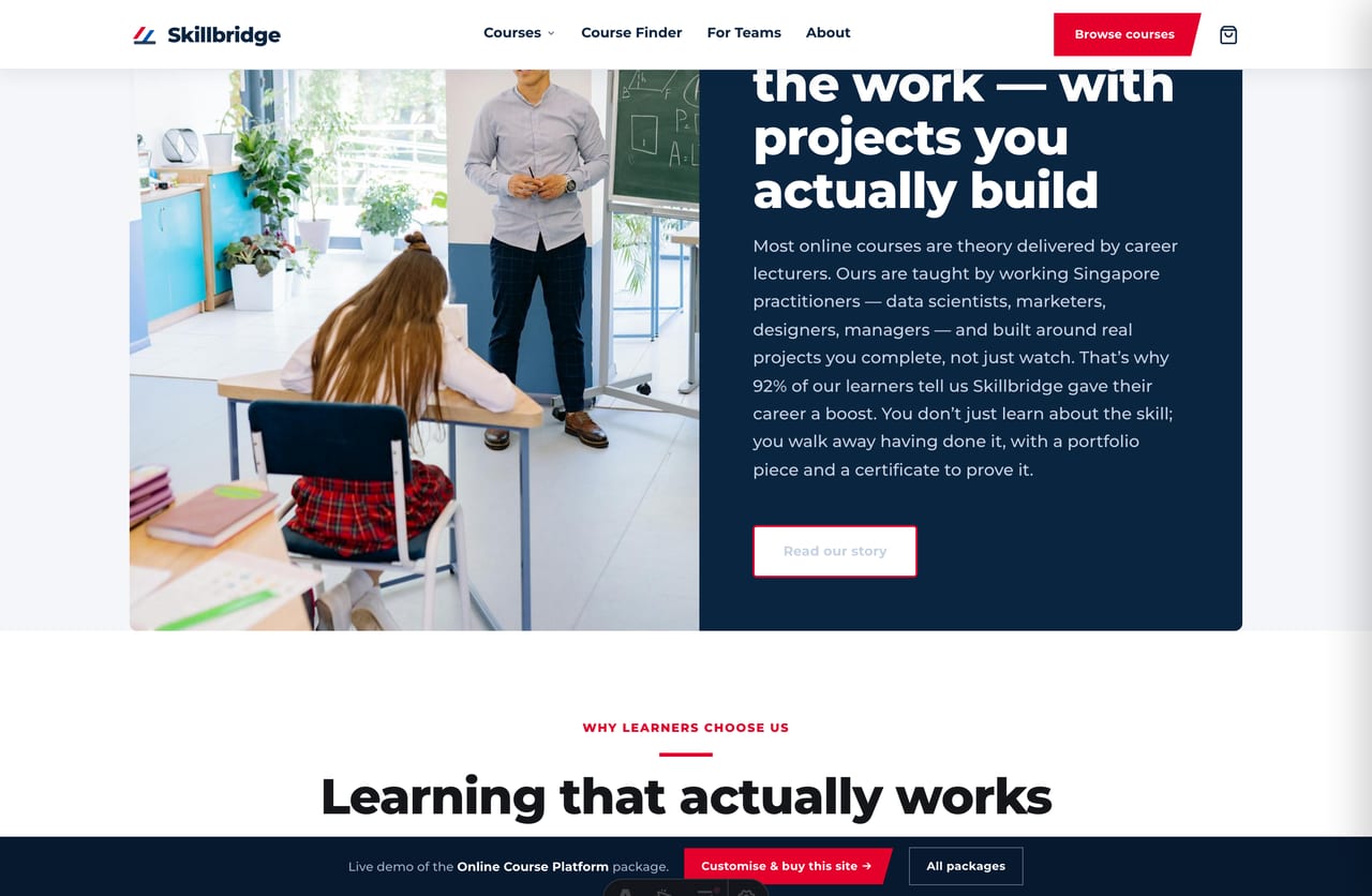 Taught-by-practitioners, project-based outcomes trust block on a Singapore course platform homepage