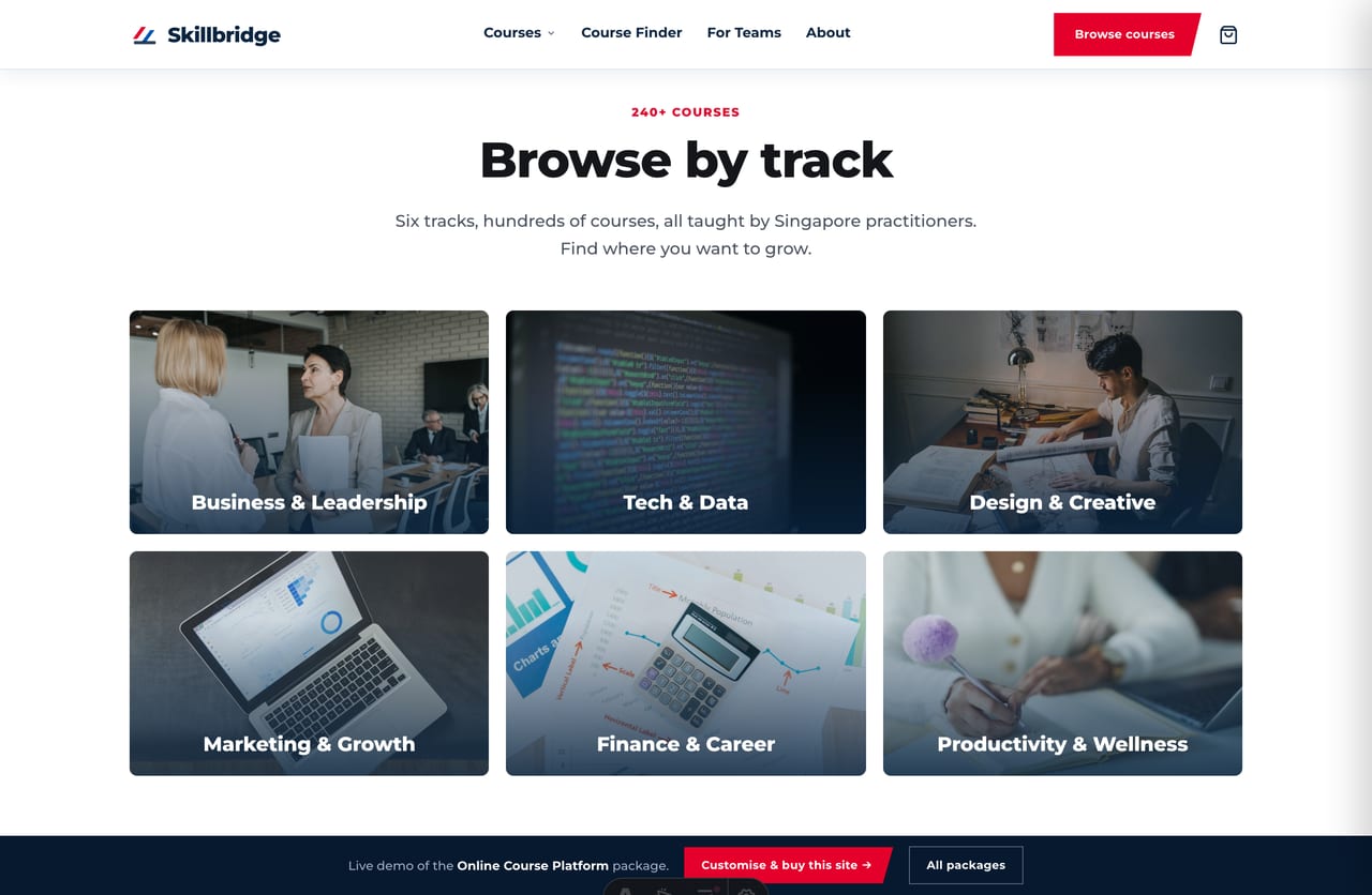 Browse-by-track tiles for a Singapore online course platform — business, tech, design, marketing, finance and wellness