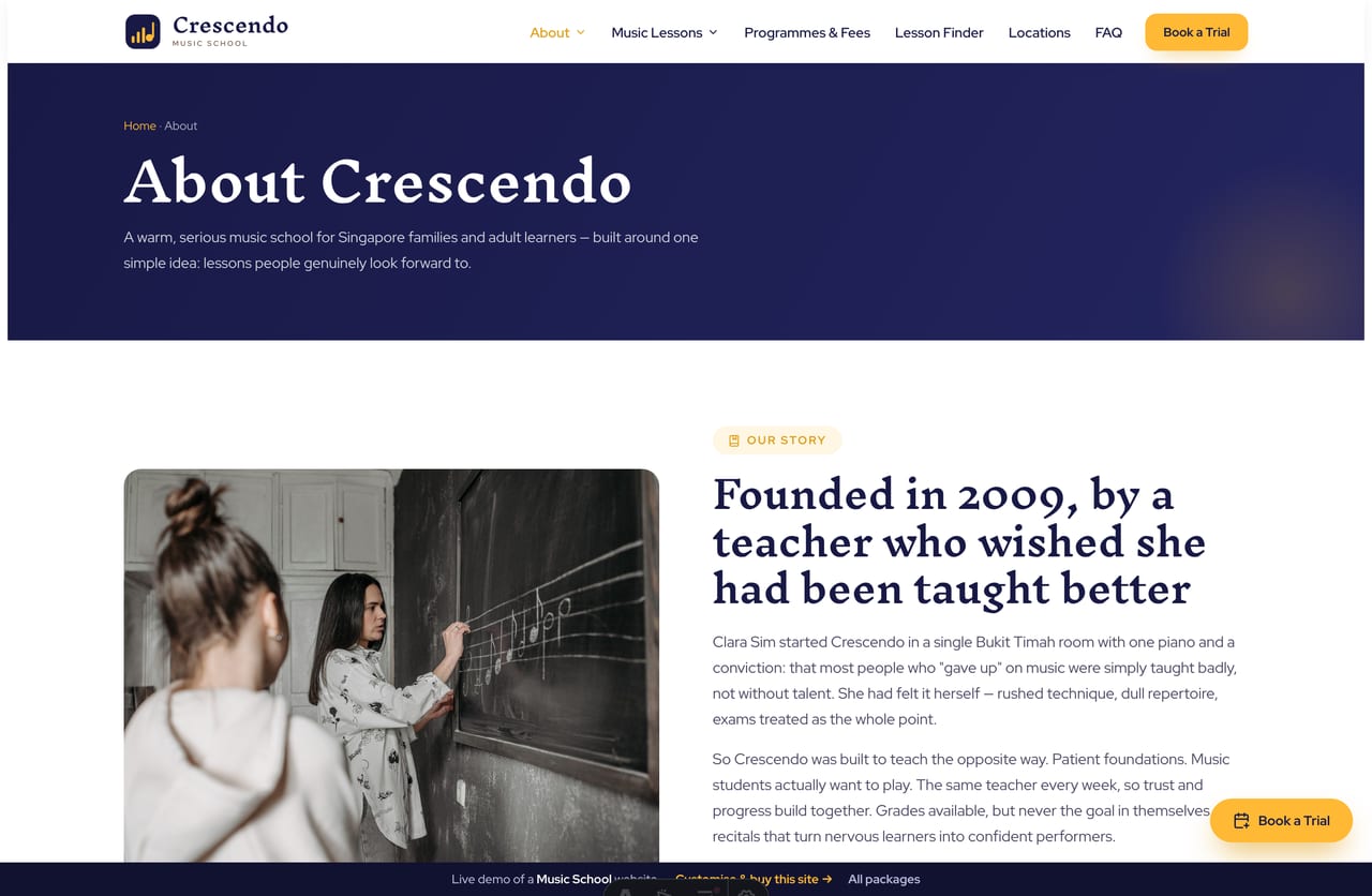 The About page for a Singapore music school — founder story, achievements band and exam boards