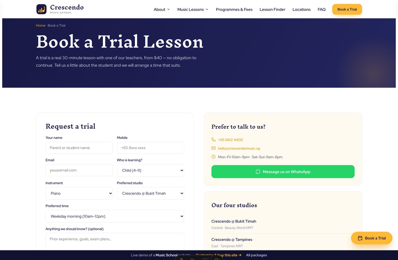 Book-a-trial page on the Crescendo demo — a PDPA-aware trial-booking form with instrument, studio and time