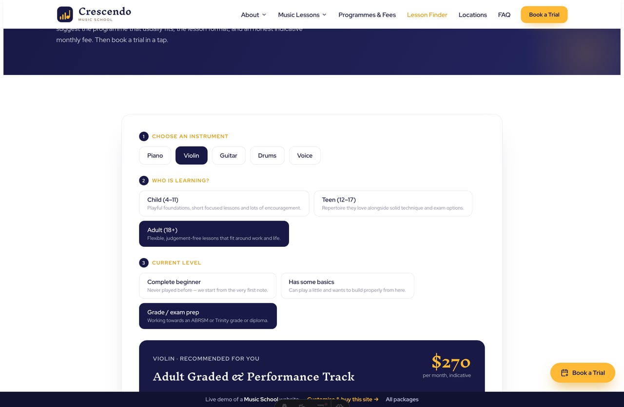 Lesson & Trial Finder result on a Singapore music-school site — a recommended programme, lesson format and indicative monthly fee with a book-a-trial CTA