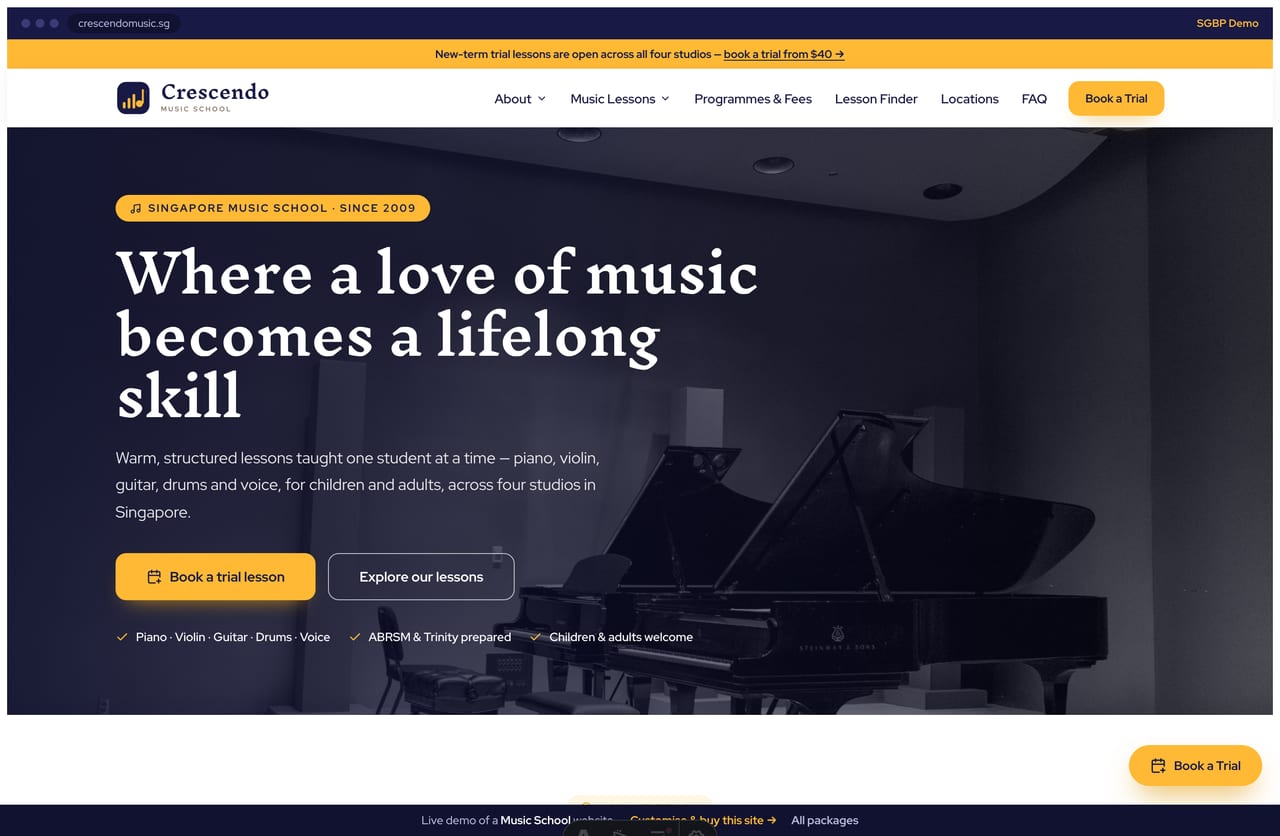 Crescendo music school Singapore website homepage demo — a warm gold and deep-indigo site with a full-bleed studio-photo hero, a named teaching method and an instruments grid