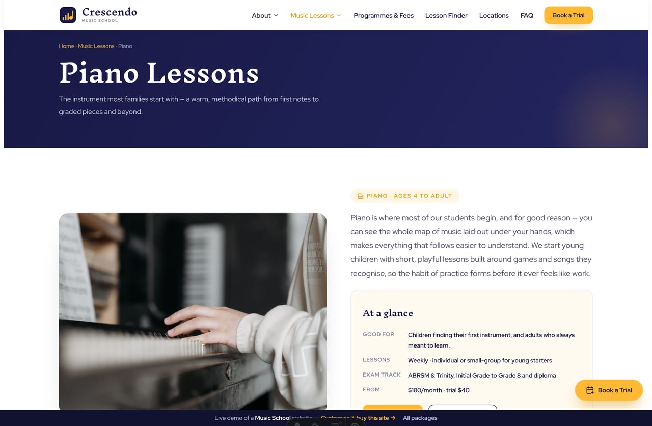 An instrument lesson detail page on the Crescendo demo — a photo hero, what-you-will-learn, levels and grades, and a book-a-trial CTA
