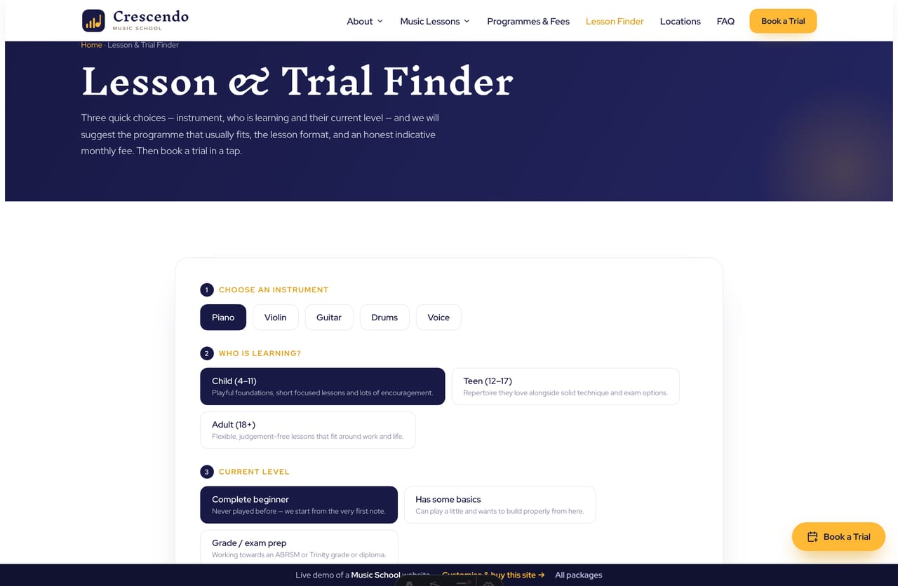 The interactive Lesson & Trial Finder on the Crescendo demo — pick an instrument, student age and level to see a programme, format and monthly fee