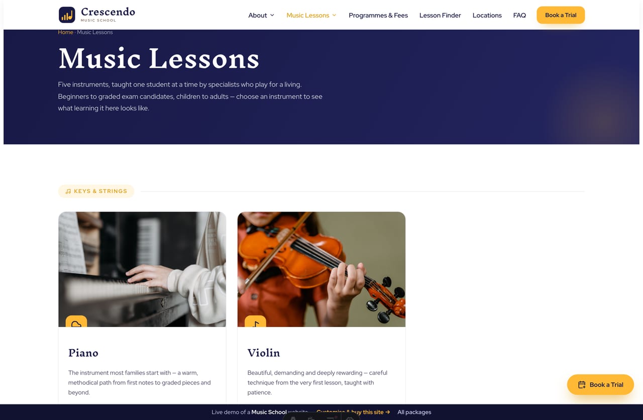 Lessons page on the Crescendo demo — piano, violin, guitar, drums and voice as photo cards grouped by category