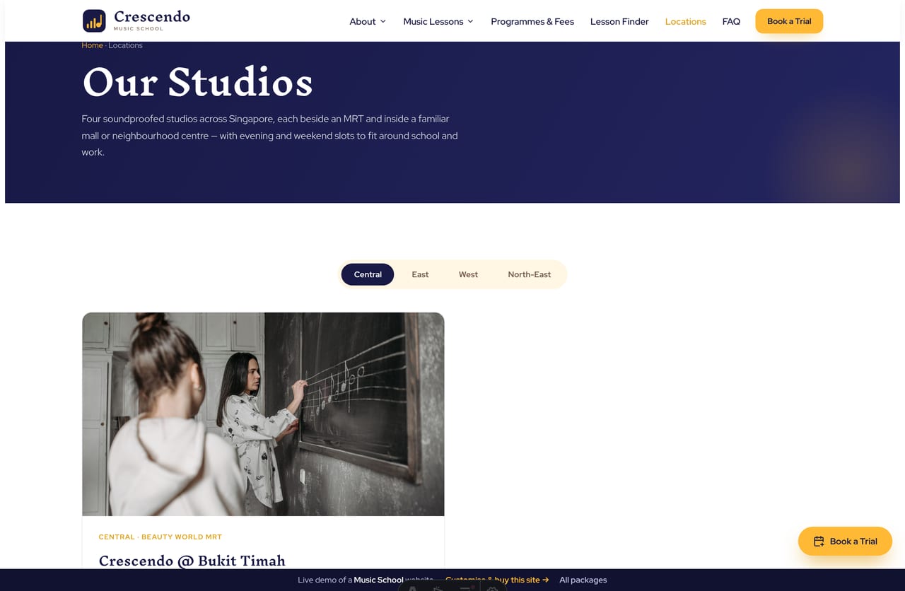 Locations page on the Crescendo demo — studios filtered by region tabs, with photos, hours and directions