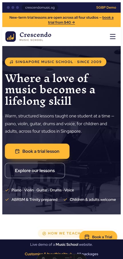The Crescendo music-school website on mobile — the full-bleed photo hero and book-a-trial CTA at 430px