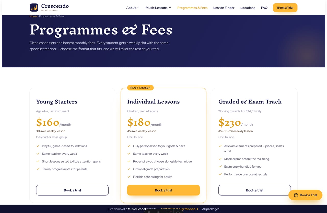 Programmes & fees page on the Crescendo demo — lesson tiers with monthly fees and a highlighted most-chosen plan