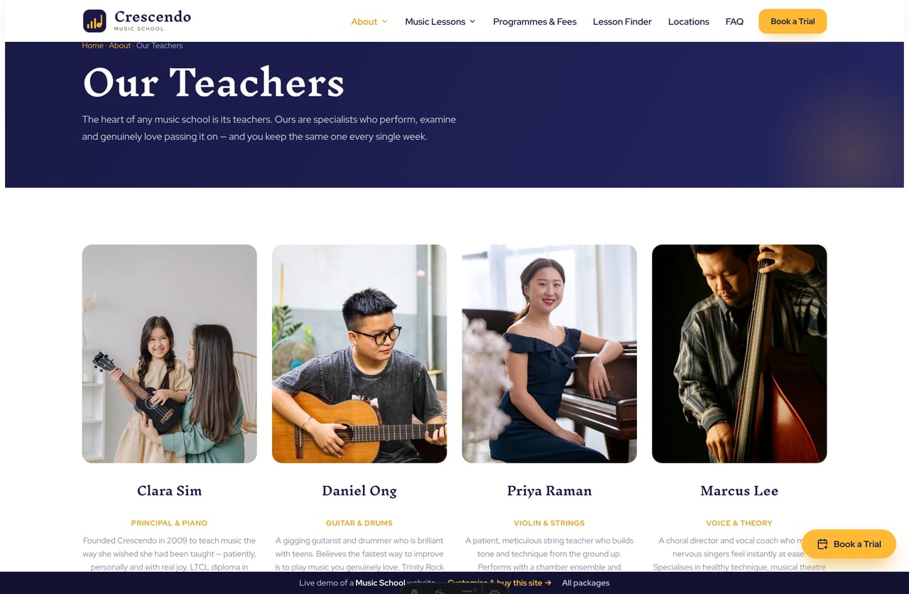 The teachers page on the Crescendo demo — teacher profiles with photos, specialisms and bios