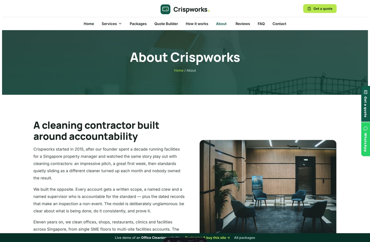 The About page for a Singapore cleaning company — founder story, stats band and accreditations