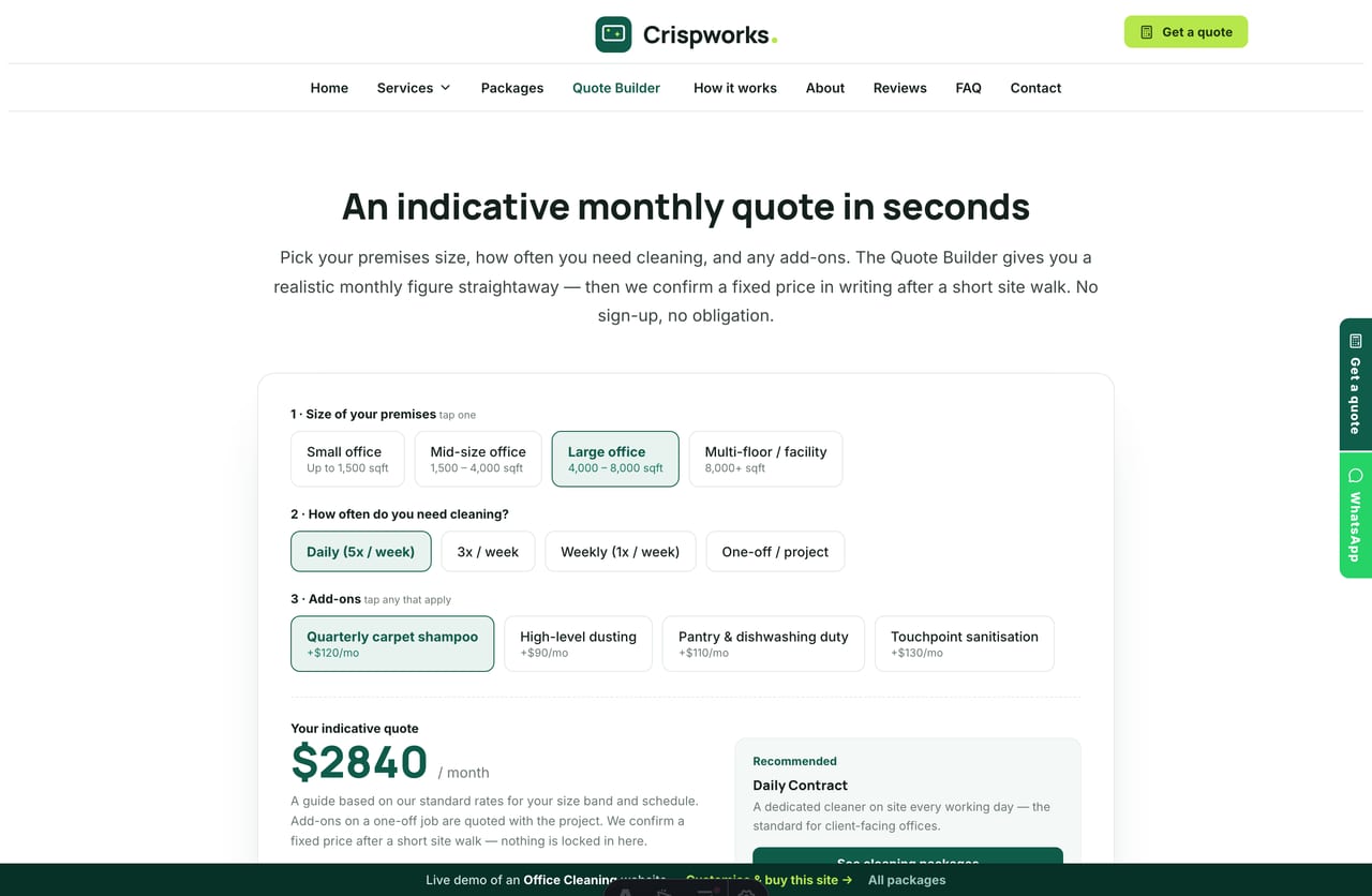 Quote Builder result on a Singapore office-cleaning site — an indicative monthly price with a recommended package and a request-quote CTA