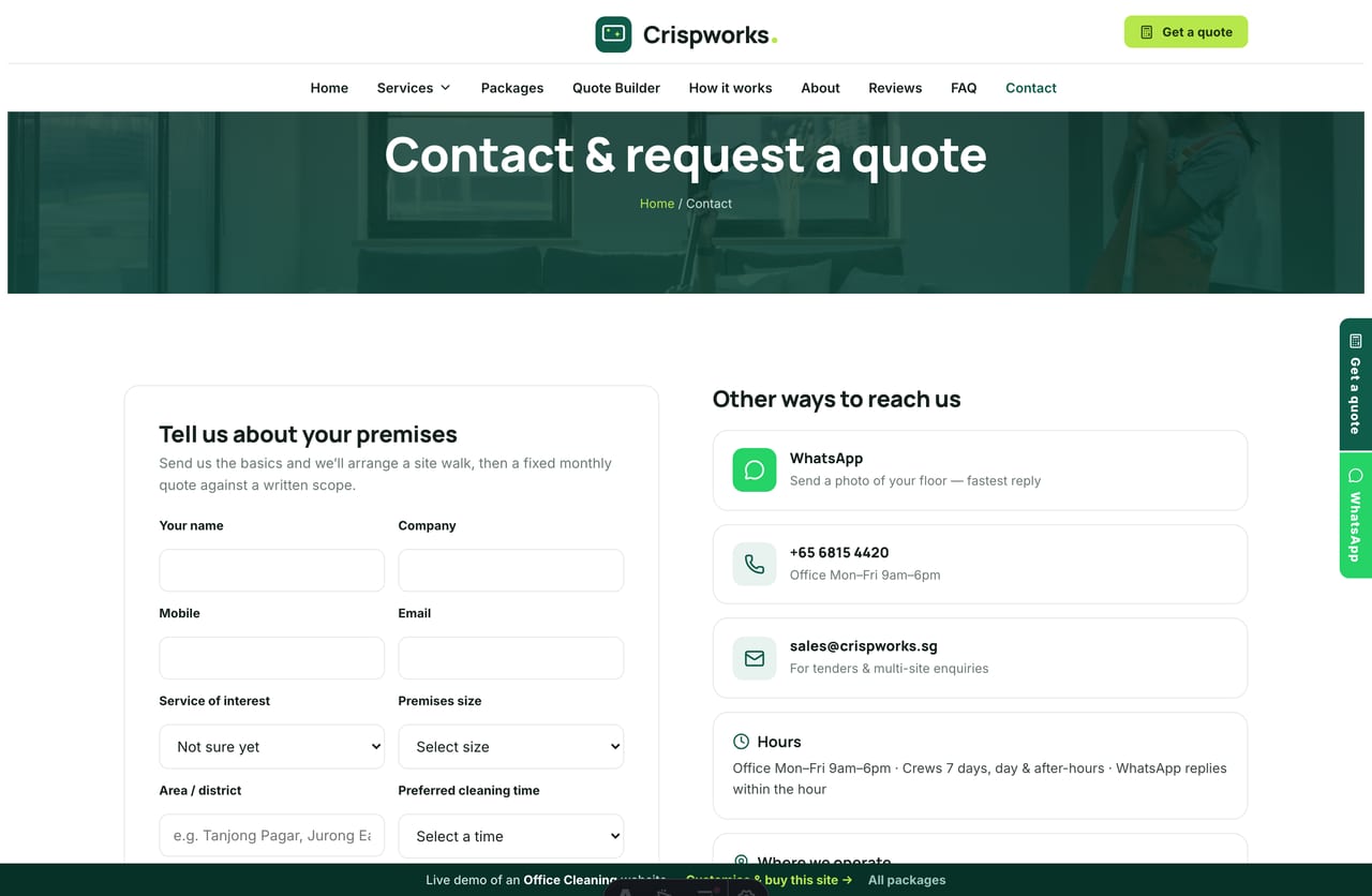Request-a-quote page on the Crispworks demo — a PDPA-aware enquiry form with service, premises size and preferred time