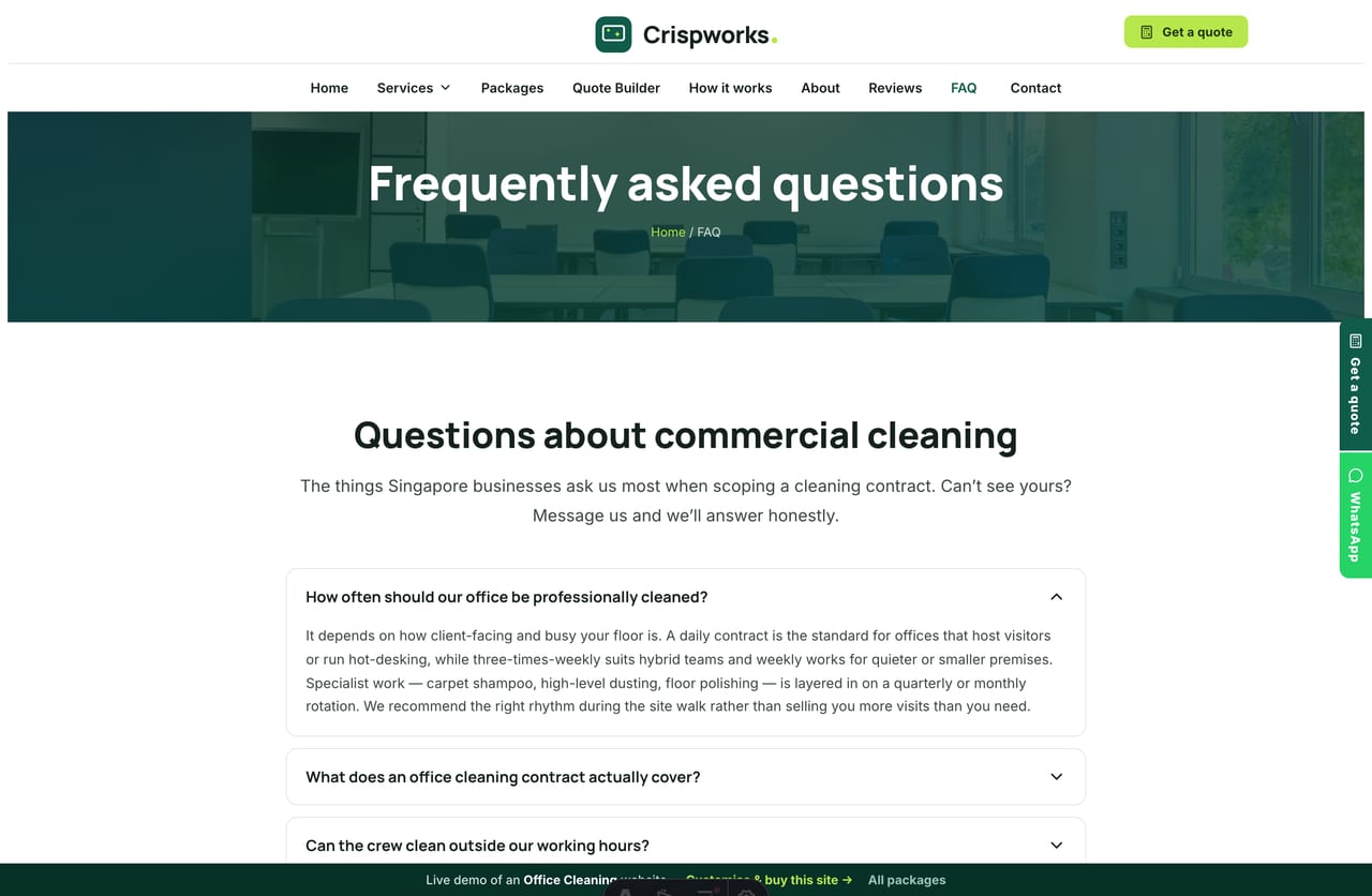 FAQ page on the Crispworks demo — a single-column question accordion for commercial cleaning
