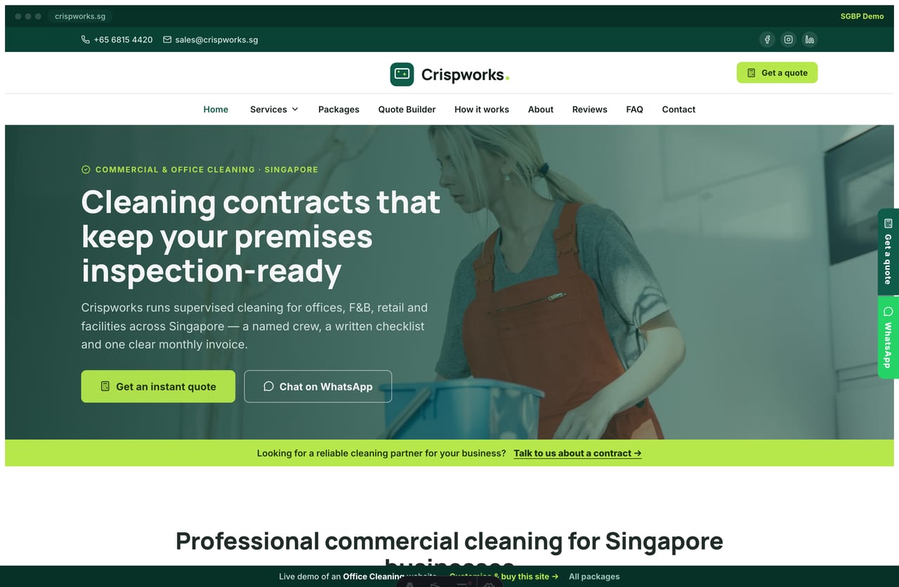 Crispworks office cleaning Singapore website homepage demo — a deep-teal and lime site with a full-bleed photo hero, image-top service cards and a quote builder