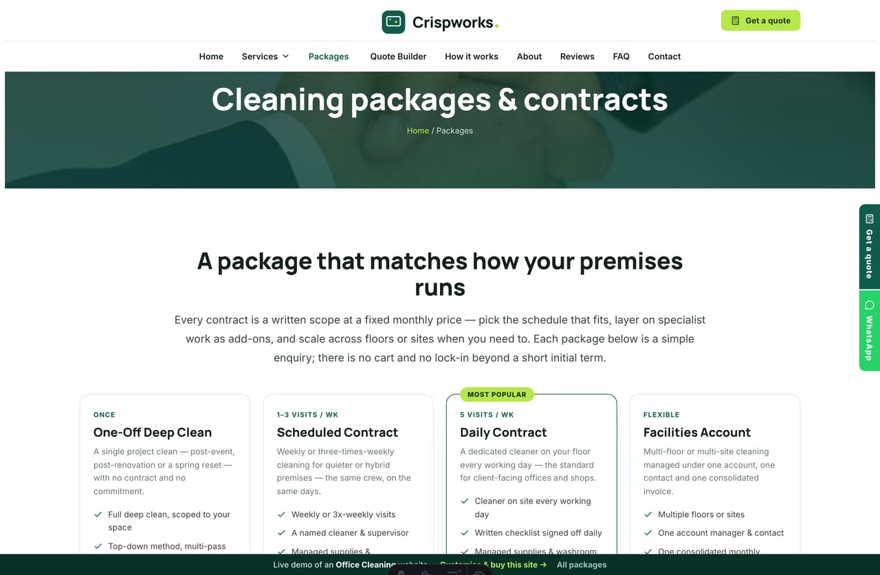 Cleaning packages page on the Crispworks demo — one-off, scheduled, daily and facilities-account contract cards with monthly prices