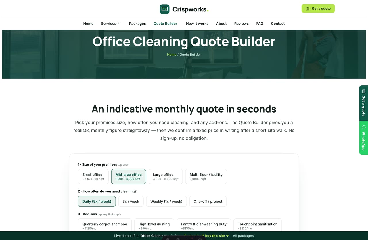 The interactive Office Cleaning Quote Builder on the Crispworks demo — pick premises size, frequency and add-ons to see an indicative monthly price