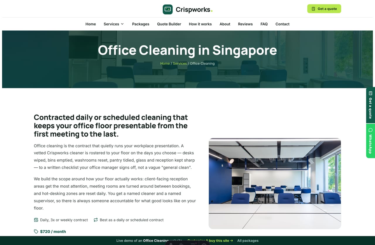 A service detail page on the Crispworks demo — a dark photo banner, split intro, numbered process and an indicative price table