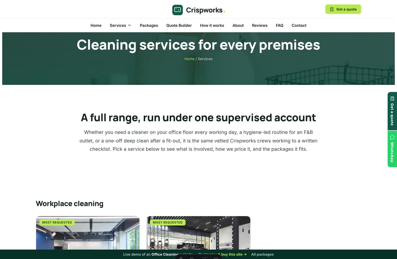 Services page on the Crispworks demo — office, retail, F&B, carpet, high-level dusting and more as image-top cards by category