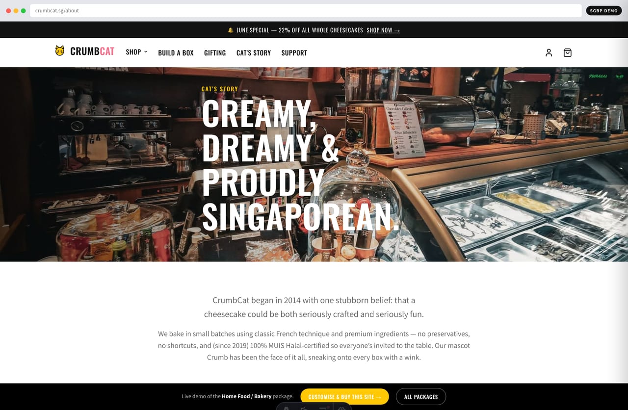 About and brand-story page on the CrumbCat halal home-bakery website (Singapore)