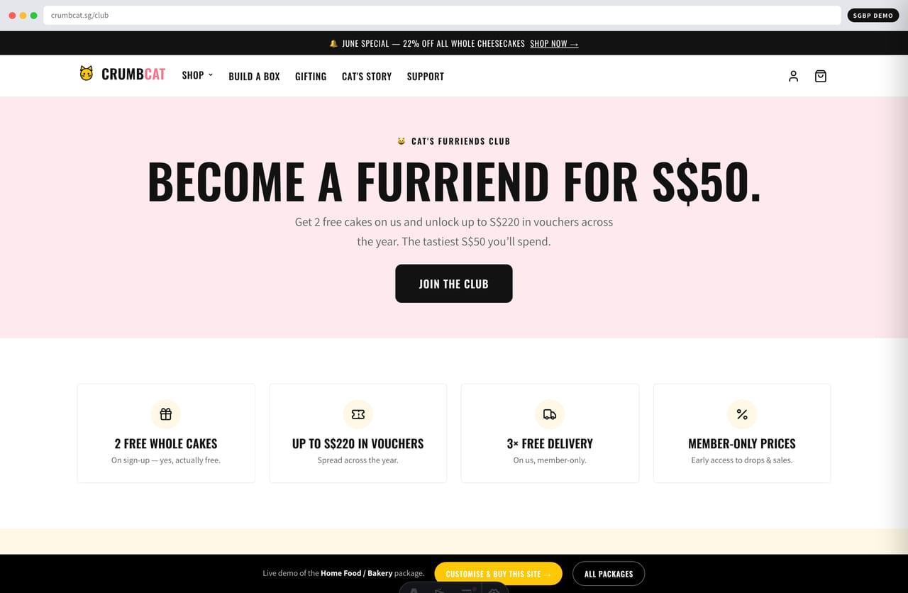 Cheesecake subscription and loyalty club sign-up page on the CrumbCat bakery demo